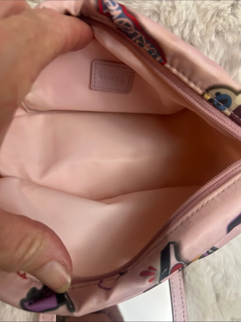 Furla Seasonal pink sticker print canvas clutch, cosmetic bag with mirror/strap